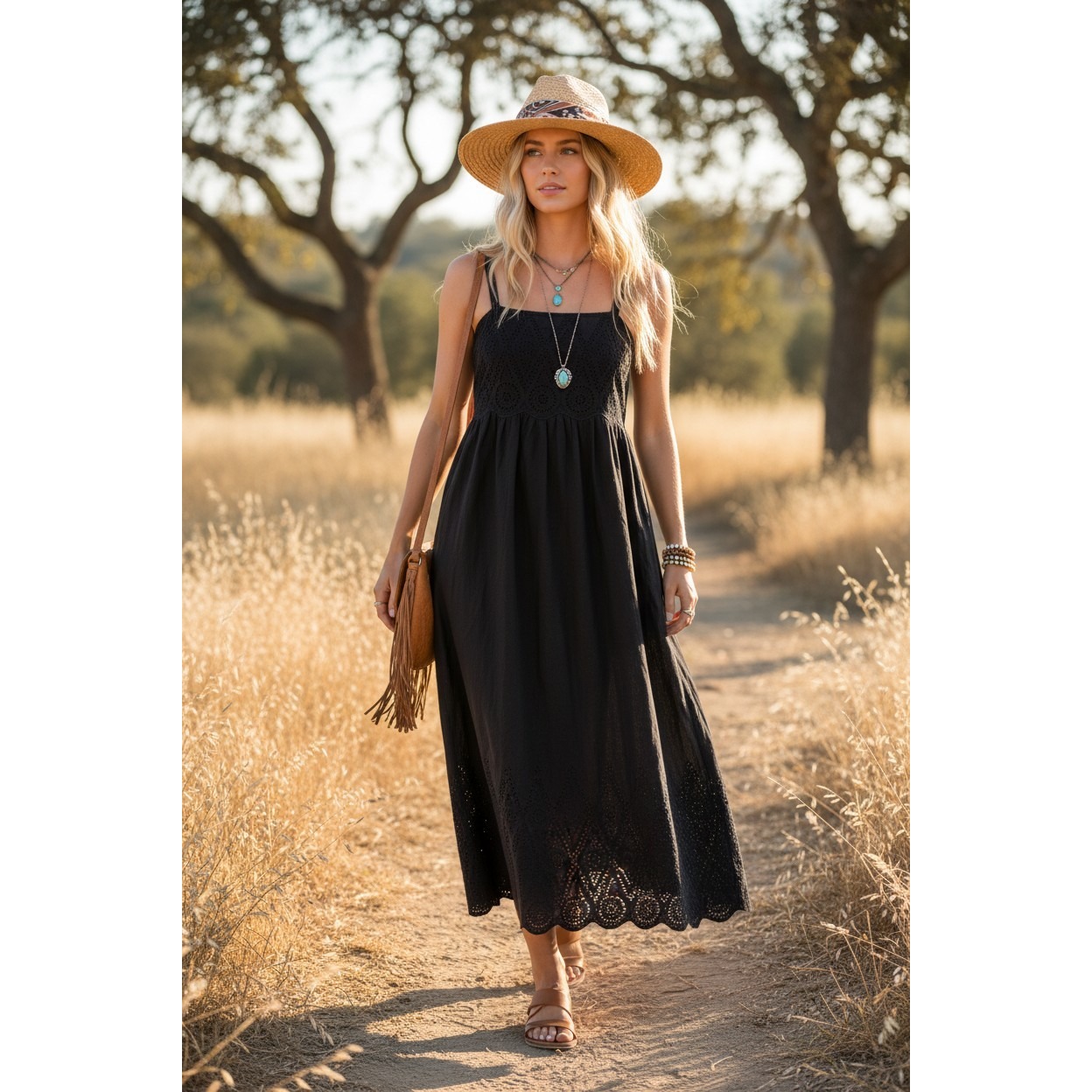 Posse "Lola" Eyelet Midi Dress Black Eyelet Embroidered Sleeveless Boho Xl